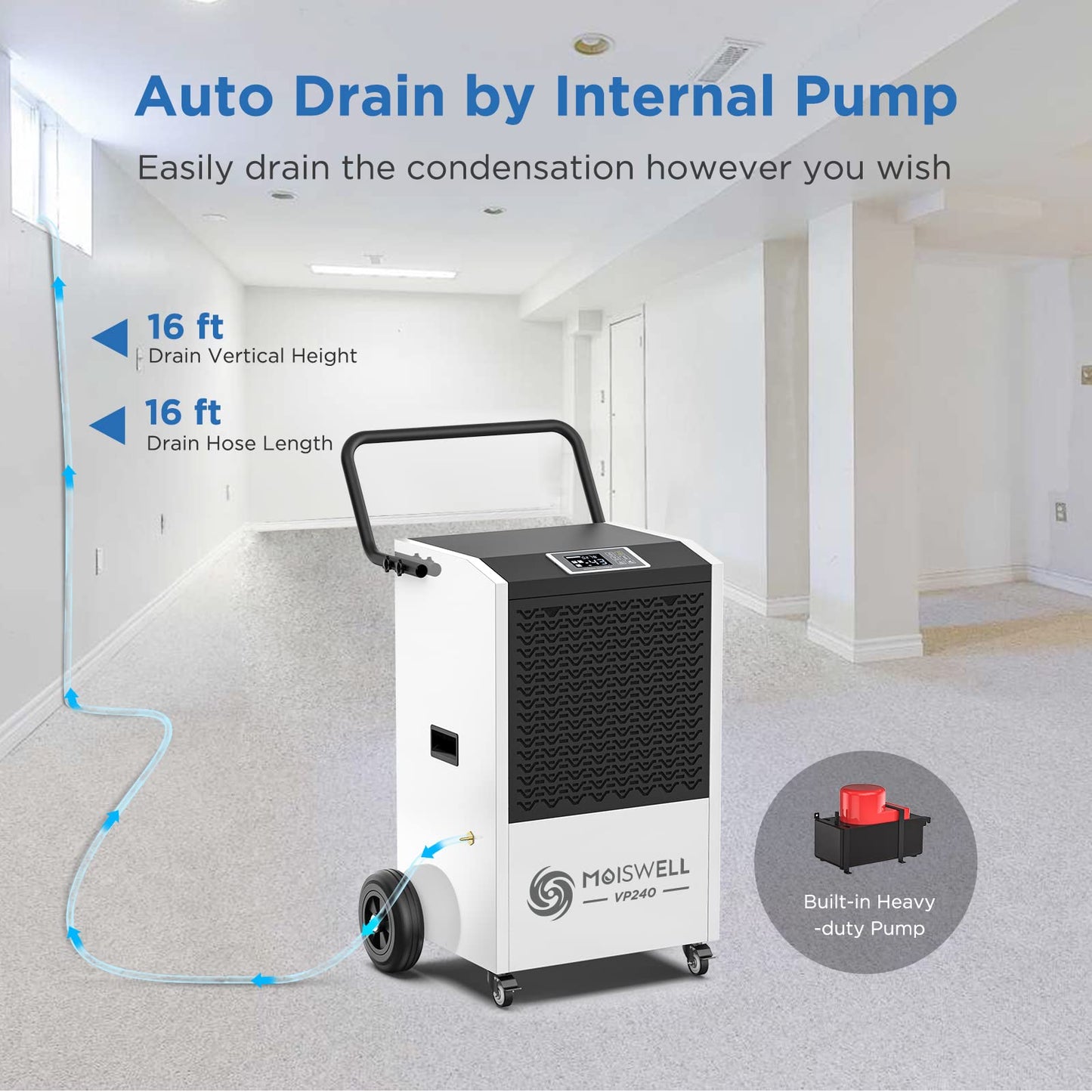 Moiswell 240 Pints Commercial Dehumidifier with Pump and Drain Hose for Basements and Large Spaces up to 8,500 Sq Ft, 5-Year Warranty