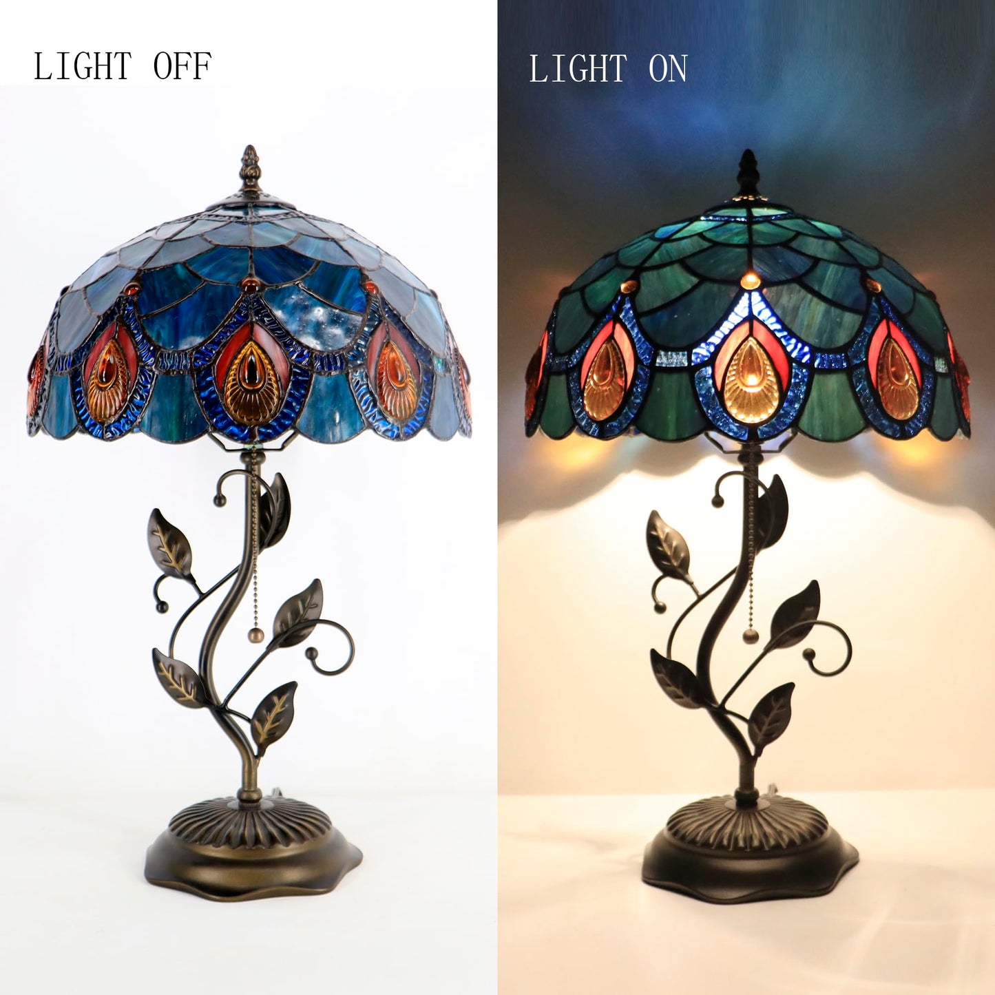 HWDFEI Tiffany Table Lamp, Stained Glass Style Desk Lamp, 12X12X19 Inch,Bedside Reading Light, Metal Leaf Base（Brown Crystal Style