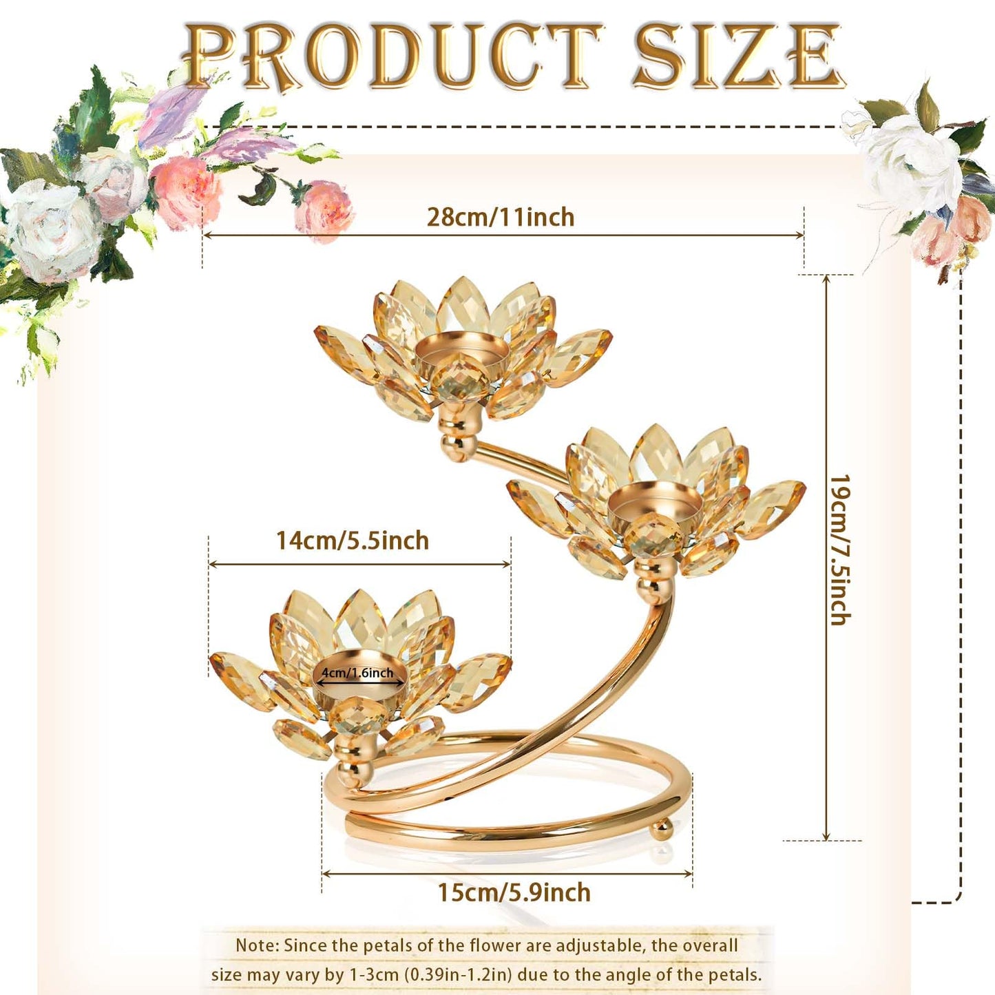 Kehail Gold 1 Pc Crystal Flower Shaped Candle Holder Set, 3-Arm Metal Votive Tea Light Candlestick for Table Centerpiece, Home Wedding Party Anniversary Decor