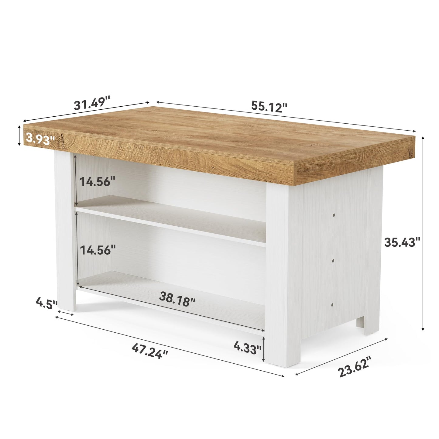 LITTLE TREE 55 Inches Kitchen Island with Storage, 3-Tier Farmhouse Stationary Island Table with Large Worktop & Leg Room, Modern Coffee Bar Table with Storage Shelf for Kitchen, Oak & White