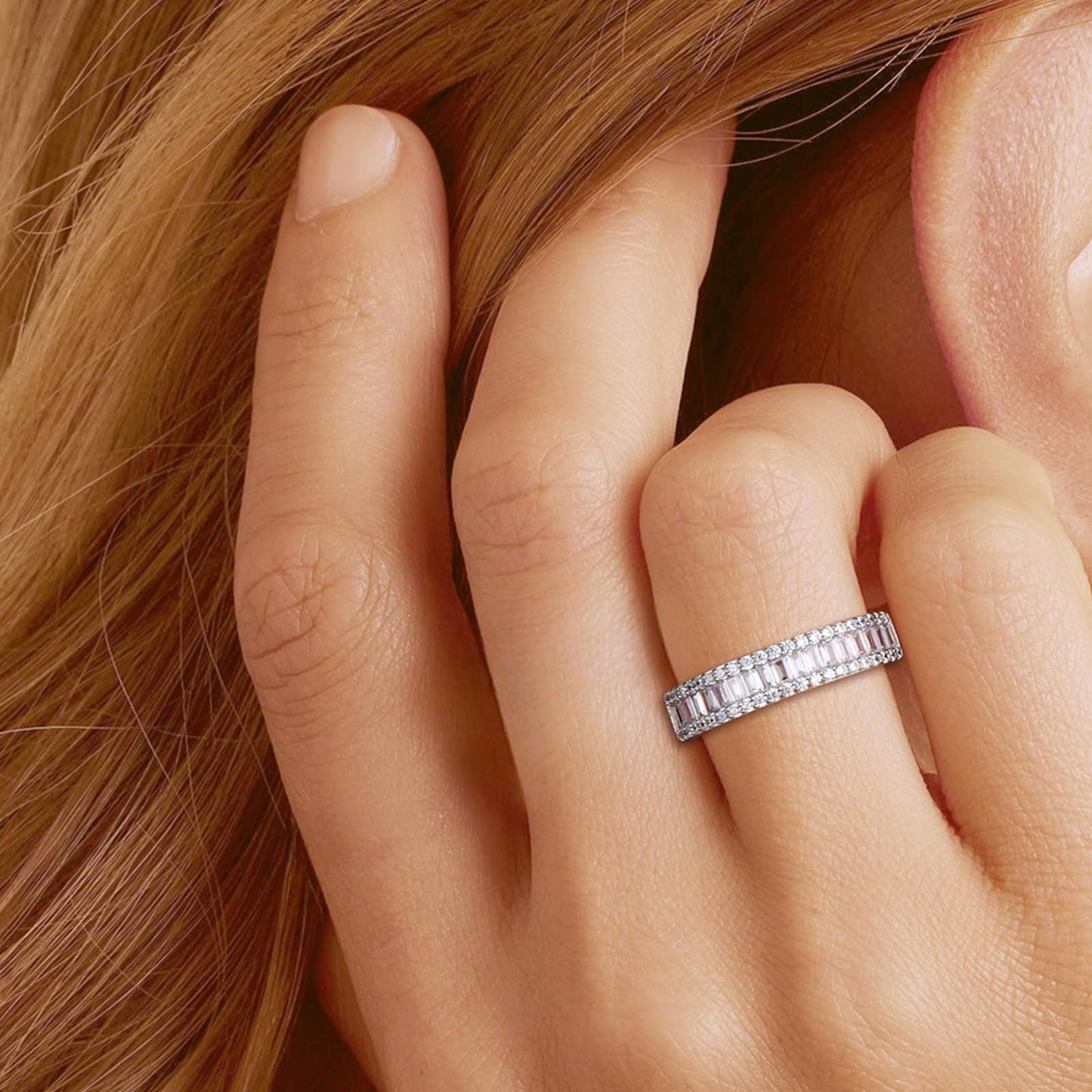RANDES Cubic Zirconia Wedding Bands for Women Men Emerald-Cut Half Eternity Band Channel Set Cubic Zirconia CZ Ring Size 9.5