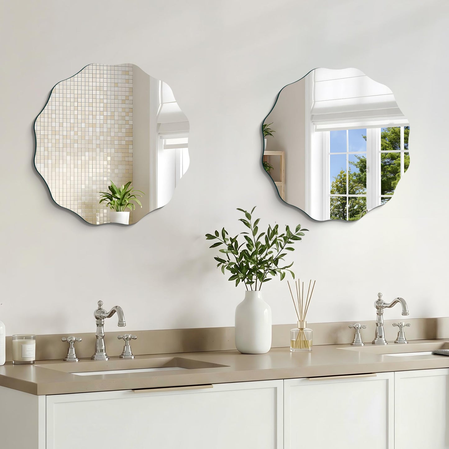 CILIBER Frameless Wavy Round Mirror, 18'' Scalloped Circle Wall Mirror, 3mm Tempered Glass Decorative Bathroom Vanity Mirror, Mounting/Leaning for Mantel, Living Room, Bedroom and Entryway