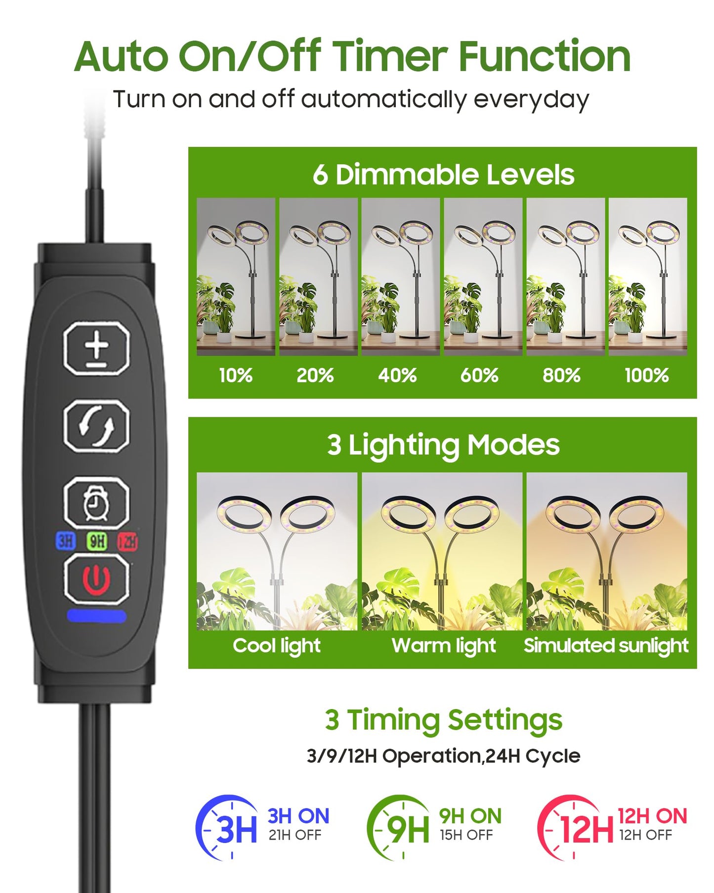 Tmsluody Grow Lights for Indoor Plants Full Spectrum, LED Plant Light with Metal Base, Plant Growing Lamps with Timer 3/9/12H, 3 Color Modes, 6 Brightness Levels, 25-38'' Adjustable Height