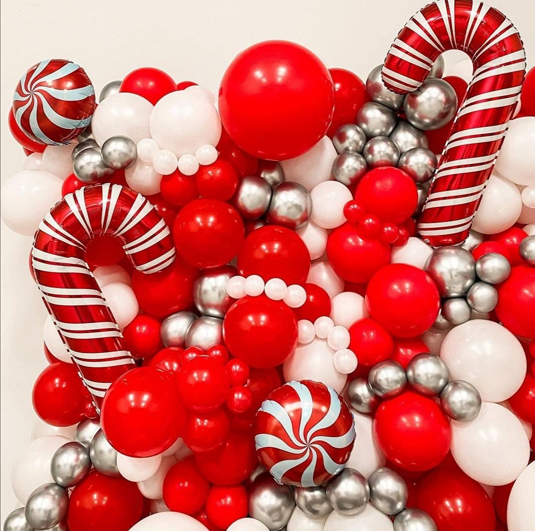 Bonropin Christmas Balloon Garland Arch Kit - Xmas Red Gold Silver Candy Cane Balloons Gift Box Starburst Balloons for New Year Winter Christmas Party Decorations