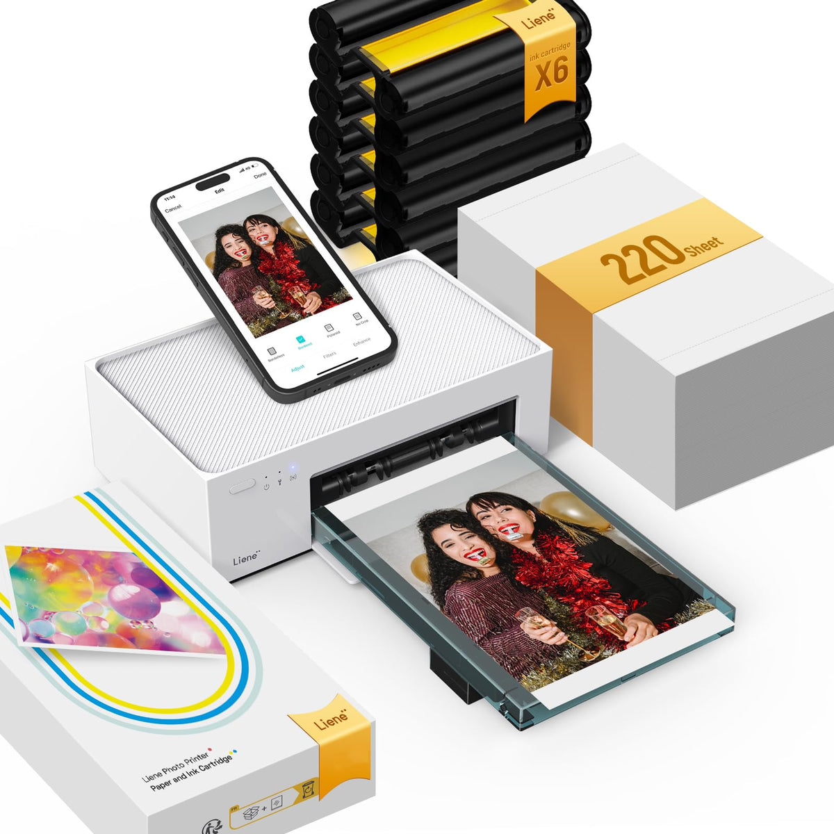 Liene M100 4x6'' Photo Printer Bundle (220 pcs +6 Ink Cartridges), Wi-Fi Picture Printer for iPhone, Android, Smartphone, Computer, Dye-Sublimation, Portable for Home Use