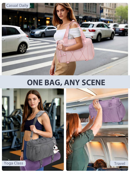 Small Gym Bag for Women with Yoga Mat Holder and Wet Compartment, Mini Gym Duffle Bag Yoga Bag with Water Bottle Pocket for Workout Travel, Purple
