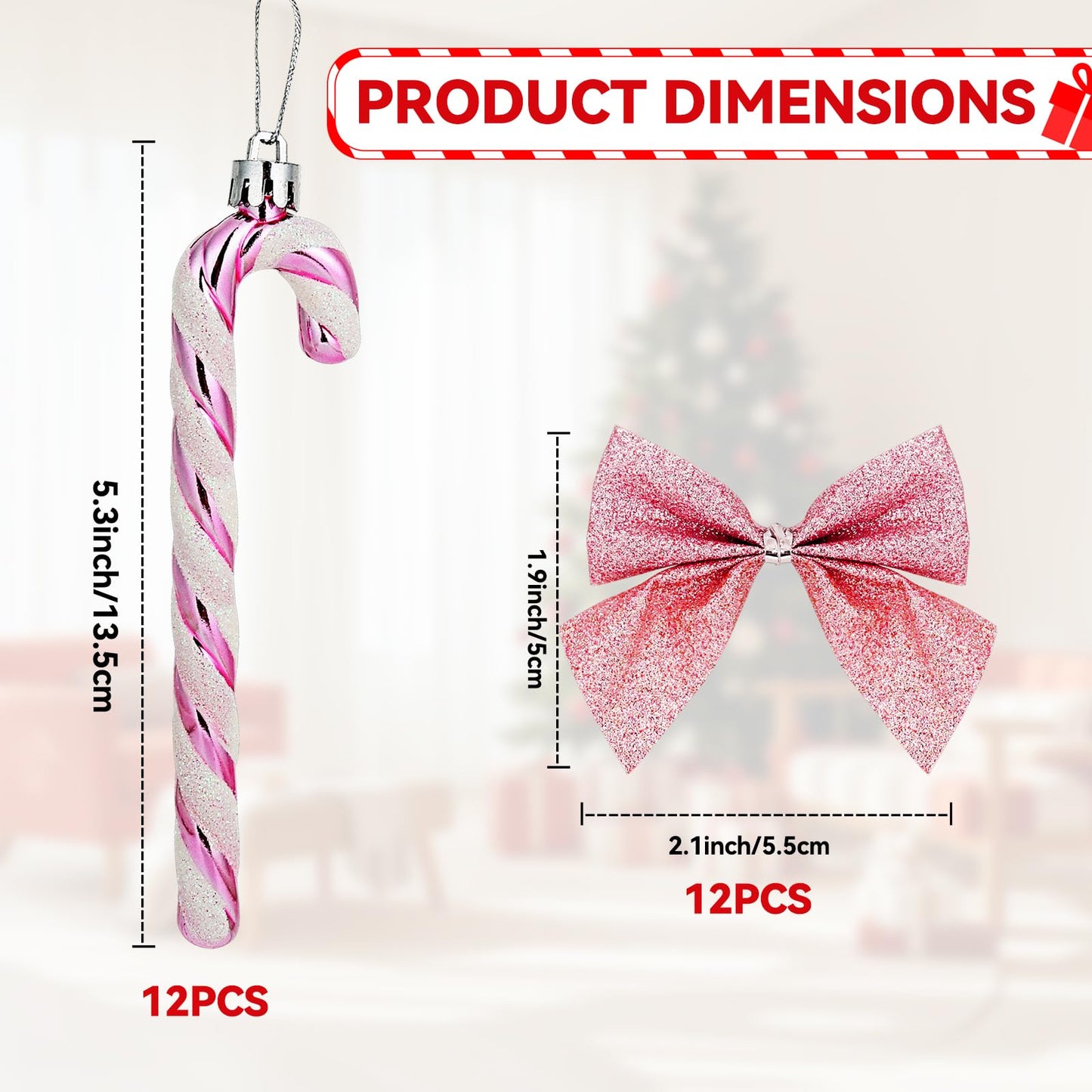 FYFLED Candy Cane Christmas Tree Decorations - 12 Pcs Candy Cane Ornaments for Tree, Glitter Candy Cane Bows for Xmas Tree Hanging Ornament Festival Party Home Decor, Pink