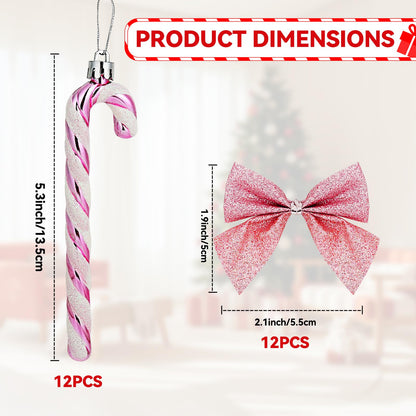 FYFLED Candy Cane Christmas Tree Decorations - 12 Pcs Candy Cane Ornaments for Tree, Glitter Candy Cane Bows for Xmas Tree Hanging Ornament Festival Party Home Decor, Pink