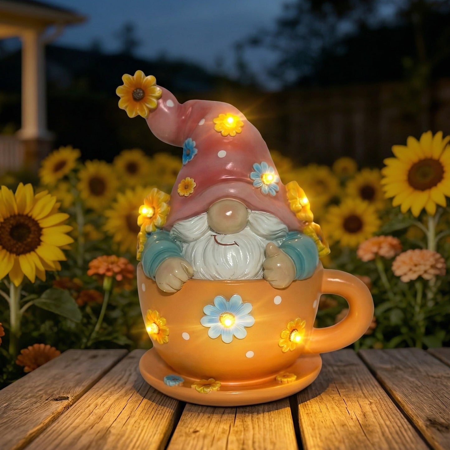 Joint Honglin Solar Garden Gnome Statue in Teacup - Outdoor Gnome Figurine with 5 Glowing LED Flowers, Waterproof Resin Yard Art Decor for Patio, Lawn, Porch, Fairy Garden Gift for Tea Lovers
