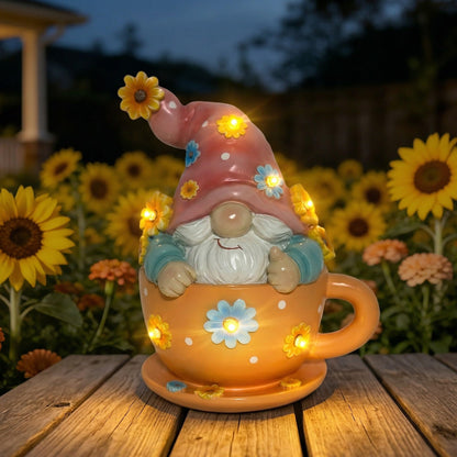 Joint Honglin Solar Garden Gnome Statue in Teacup - Outdoor Gnome Figurine with 5 Glowing LED Flowers, Waterproof Resin Yard Art Decor for Patio, Lawn, Porch, Fairy Garden Gift for Tea Lovers