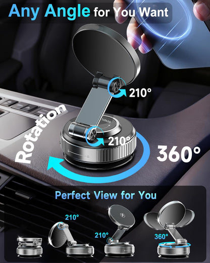 Vacuum Magnetic Car Phone Holder 360° Strongest 120LBS Ultra Suction Cup Phone Mount for MagSafe Dashboard Cell Phone Holders for Your Car/Gym/Mirror Bracket for iPhone 17 & Android, Metal Stand Rotor