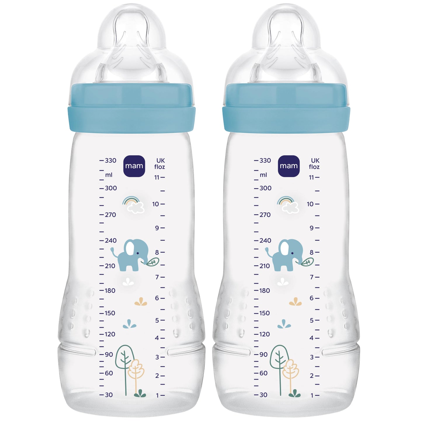 MAM Easy Active Baby Bottle with Fast Flow MAM Teats Size 3, Twin Pack of Baby Bottles, Baby Feeding, 330 ml, Blue (Designs May Vary)