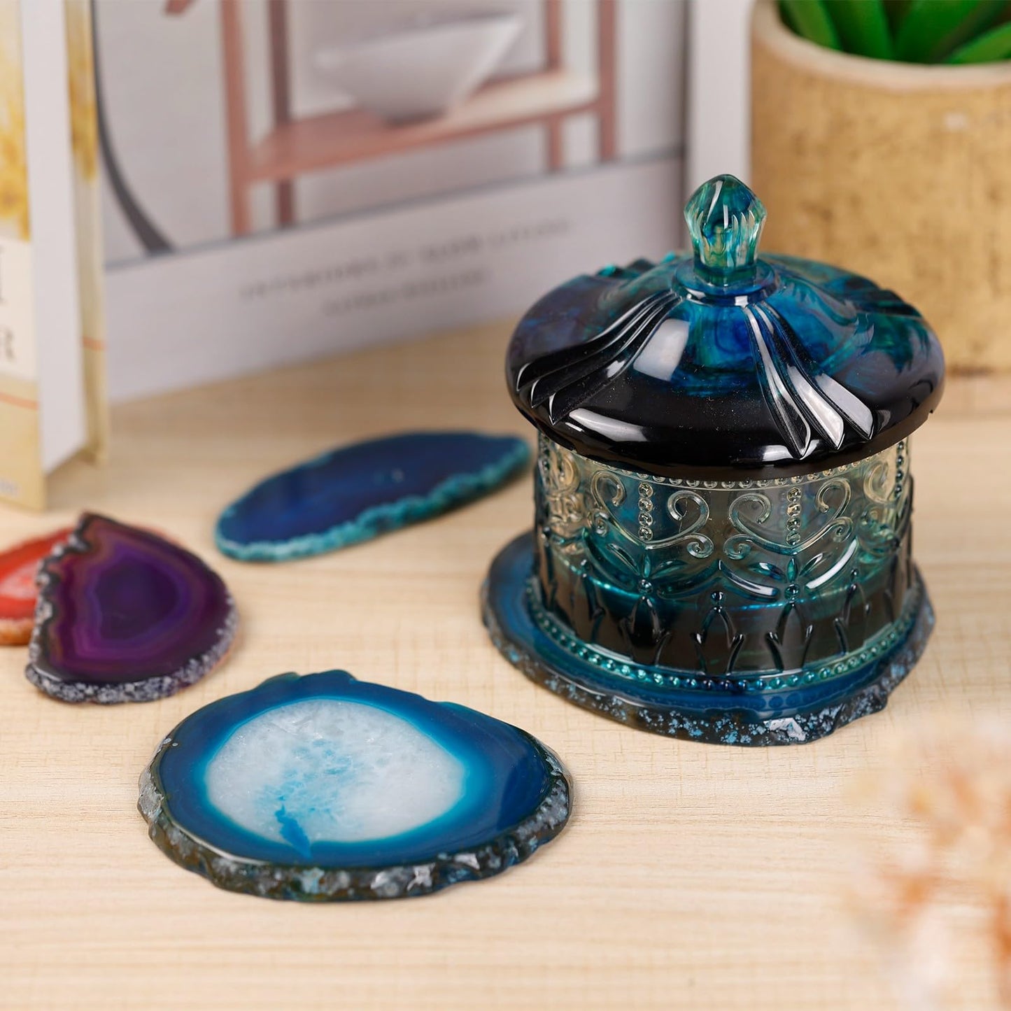dssmboom Set of 2 Polished Agate Slice Coasters Geode Slab Place Cards for Wedding, Irregular Agate Stone Slab Decoration for Home Office, Blue