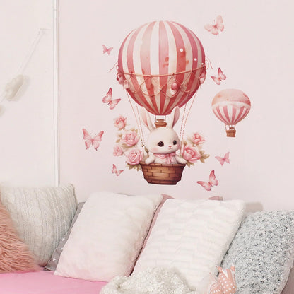 Pink Bunny Butterfly Rose Hot Air Balloon Wall Stickers, sacinora Cute Rabbit Wall Decals Removable Vinyl Peel and Stick for Kids Baby Girls Nursery Living Room Bedroom Preschool Art Decorations