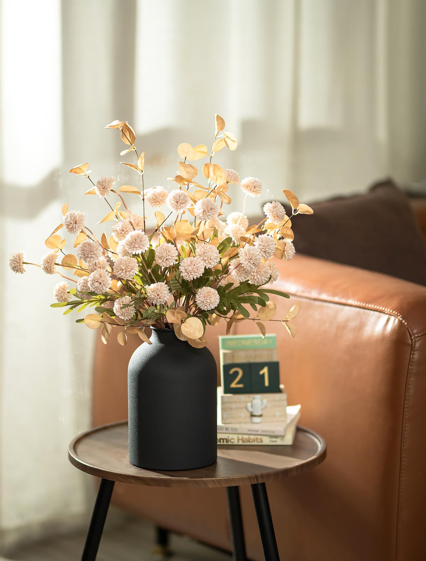 BLOSMON Fake Flowers Centerpieces for Tables: Gifts for Women Metal Vase with 12 Stems of Artificial Mums Kiku Eucalyptuses for Dining Room - Beige Faux Floral Arrangements in vase