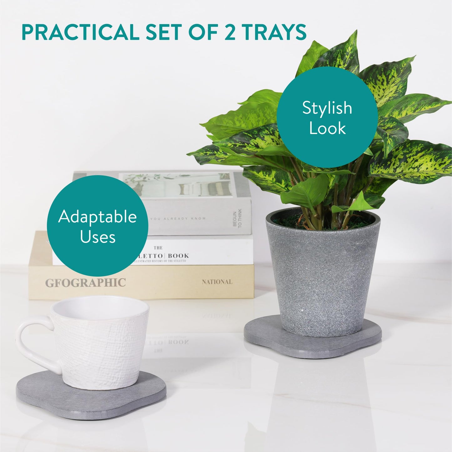 Navaris Diatomaceous Earth Tray Small Set - Trays for Kitchen Soap Bathroom Sink - Water Absorbent Diatomite Pads - Stone Coaster Quick Dry - Gray