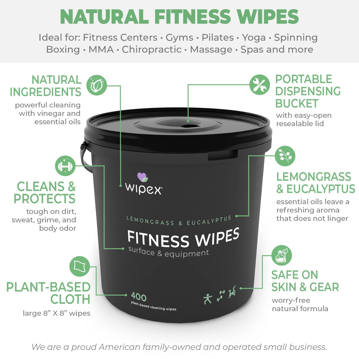Wipex Yoga Mat Cleaner Wipes - Plant-Based Lemongrass, Eucalyptus & Vinegar Wipes for Gym & Fitness Equipment & All Purpose Gym Cleaning - Safe for Peloton Bikes & Treadmills - 400 Count