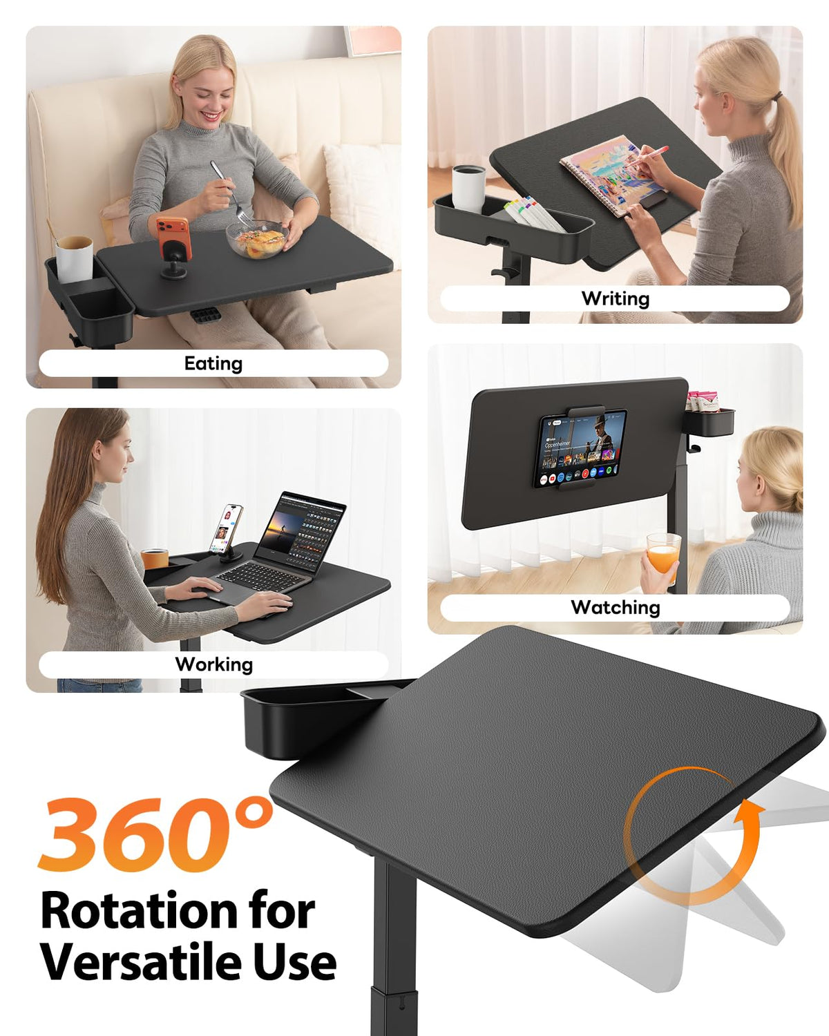 SAIJI Magnetic Overbed Bedside Table with Wheels, Height and 360° Angle Adjustable Over Bed Desk with Led Light, Portable Lengthened Rolling Laptop Standing Desk Mobile Bed Tables Hospital Home Use