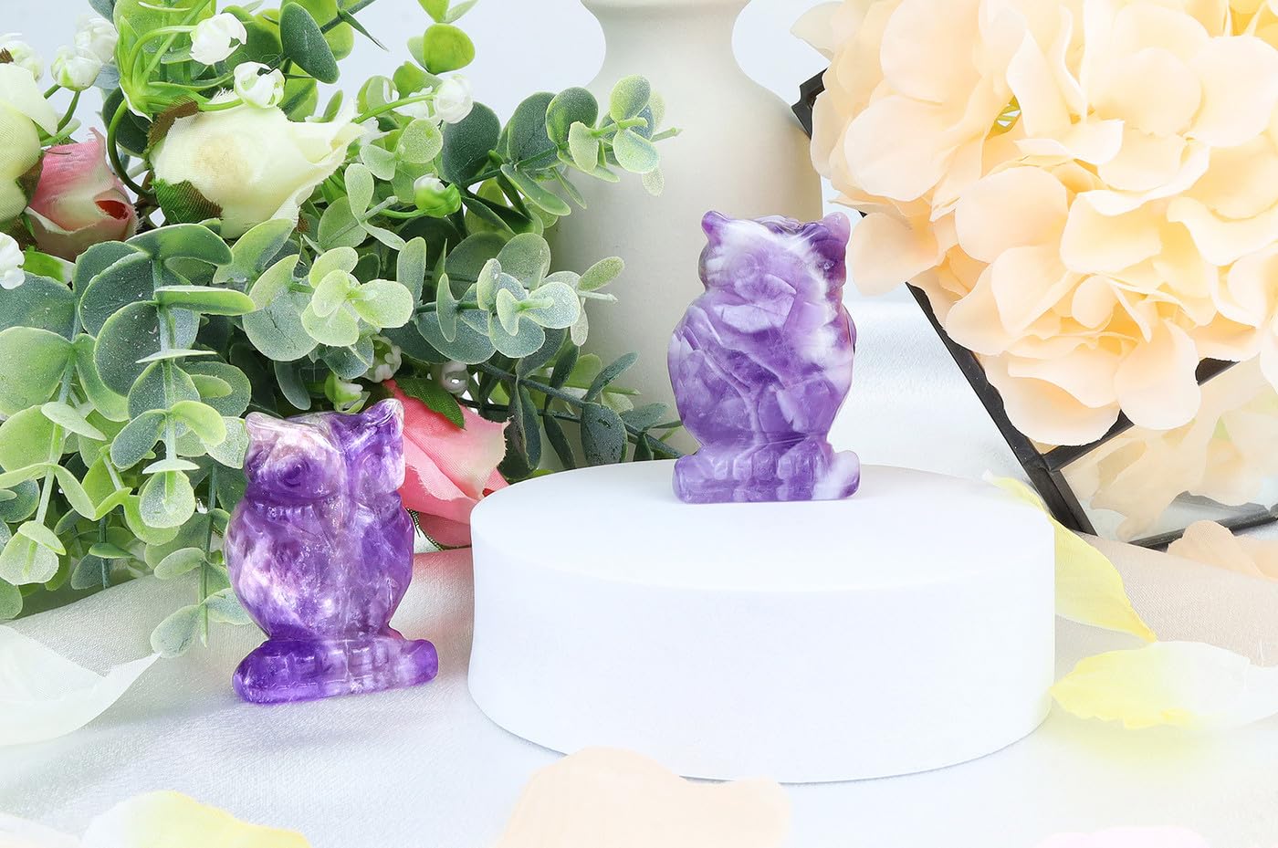 QINJIEJIE Bundle of Amethyst Crystal Tree and Owl Decor Stone Figurines Natural Reiki Gemstone Tree Life Stone Base Copper Wire Office Desk Room Feng Shui Home Decor Gifts