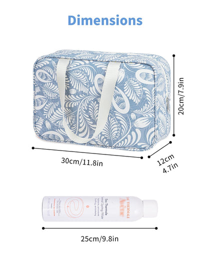 Full Size Toiletry Bag Large Cosmetic Bag Travel Makeup Bag Organizer for Women (Blue Leaf)