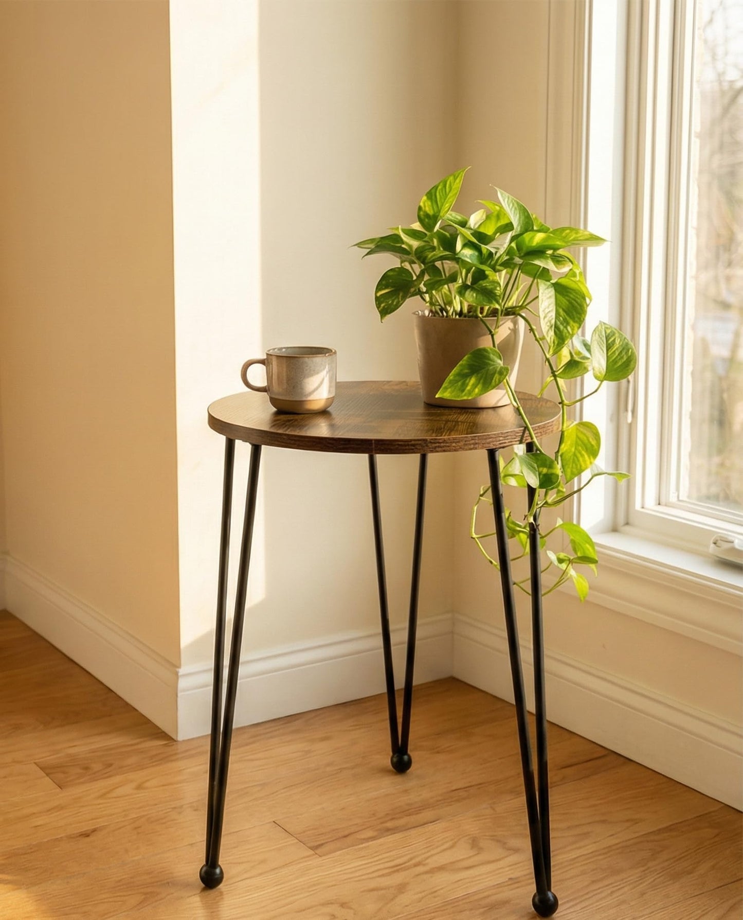 iLTreFlo 17 Inch Tall Metal Plant Stand Indoor,Heavy Duty Flower Pot Holder with 11.5 Inch Modern Round Board Table,Sturdy Metal Tripod Design Side Table,Matte Black