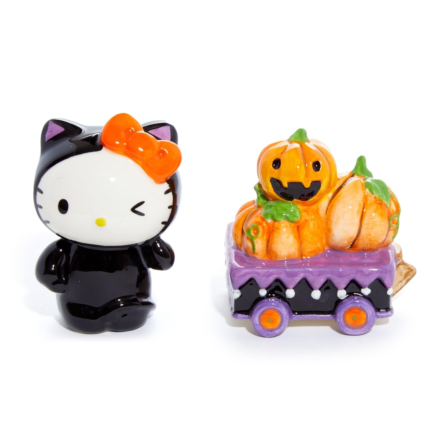 Hello Kitty Pumpkin Halloween Salt and Pepper Set, 5"L x 2.25"W x 3.15"H created by Blue Sky Clayworks
