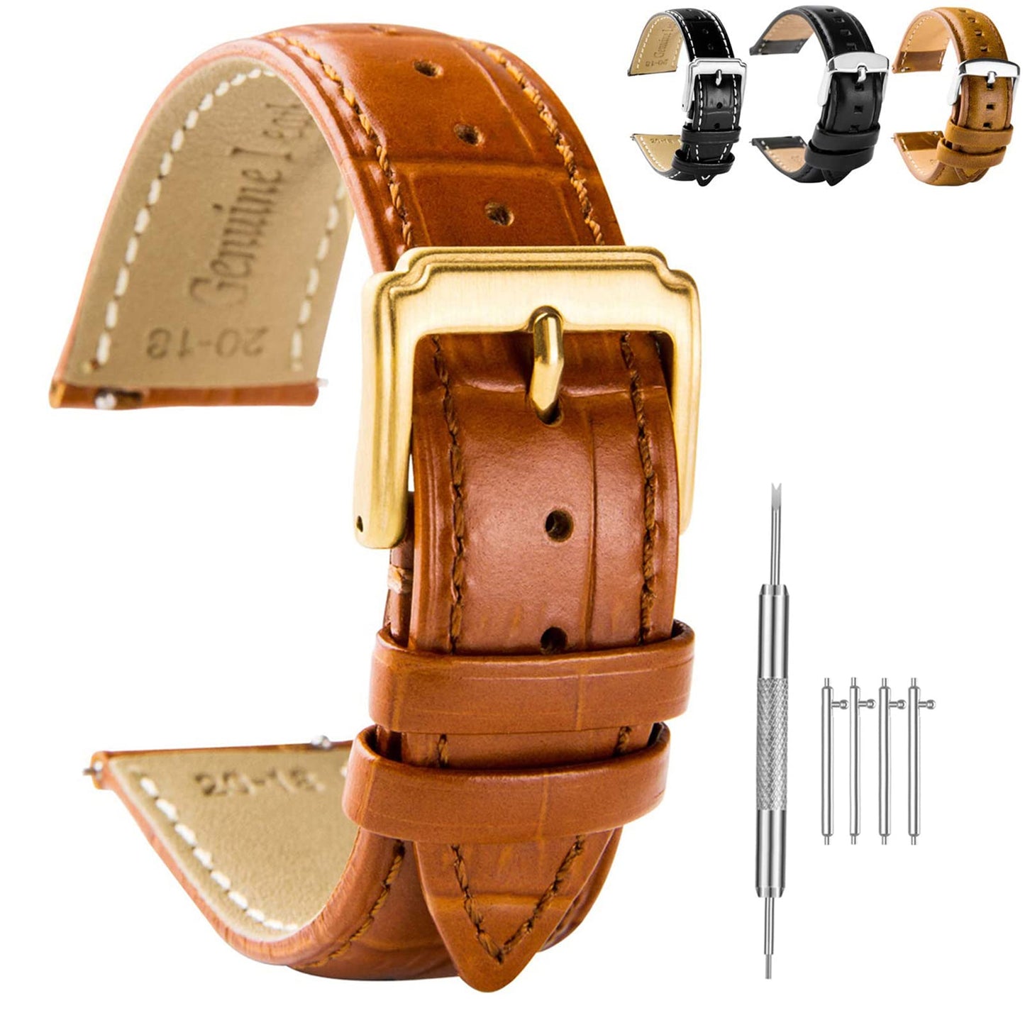 Spolife Leather Watch Straps for Men, Genuine Leather Replacement Bands, Stainless Steel Buckle, Quick Release Replacement Watchbands 16mm 18mm 19mm 20mm 22mm (with Watchstrap Pins,Repair Tool)