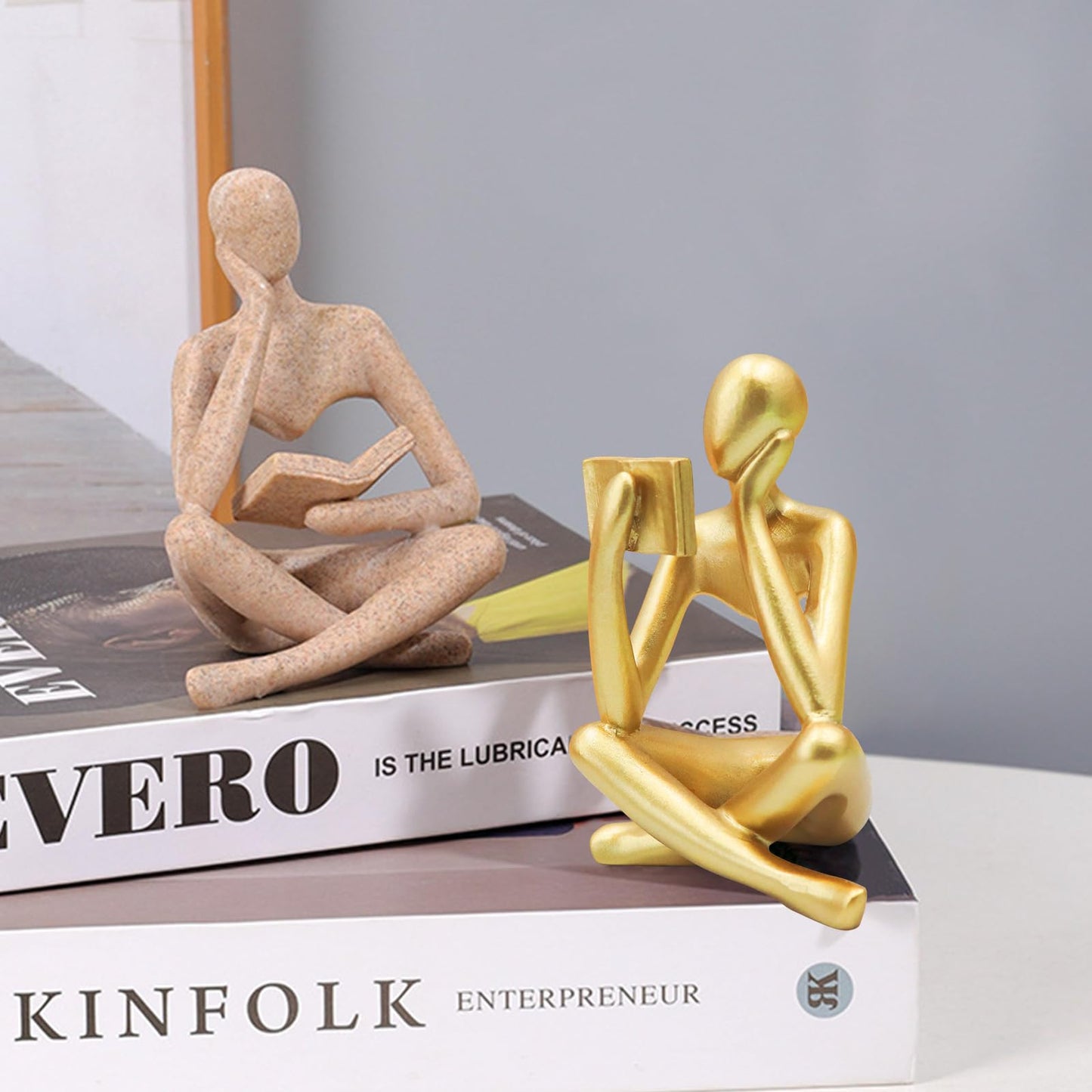 Jinkoozz Gold Reading Women Statue, Thinker Sculptures, Abstract Art Ornament, Modern Aesthetic Figurine Decoration, Suitable for Home Living Room Bedroom Office Shelf Table Desk Bookshelf Decor