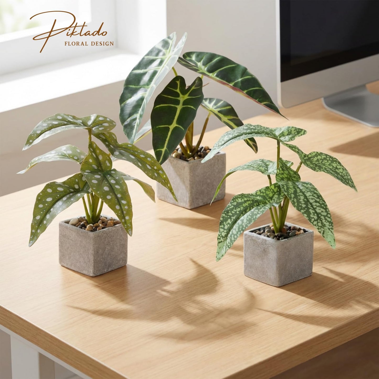 Piklado 3pcs Small Fake Plants Artificial Begonia Leaves Faux Plants Indoor for Office Desk Shelf Bathroom Home Decor