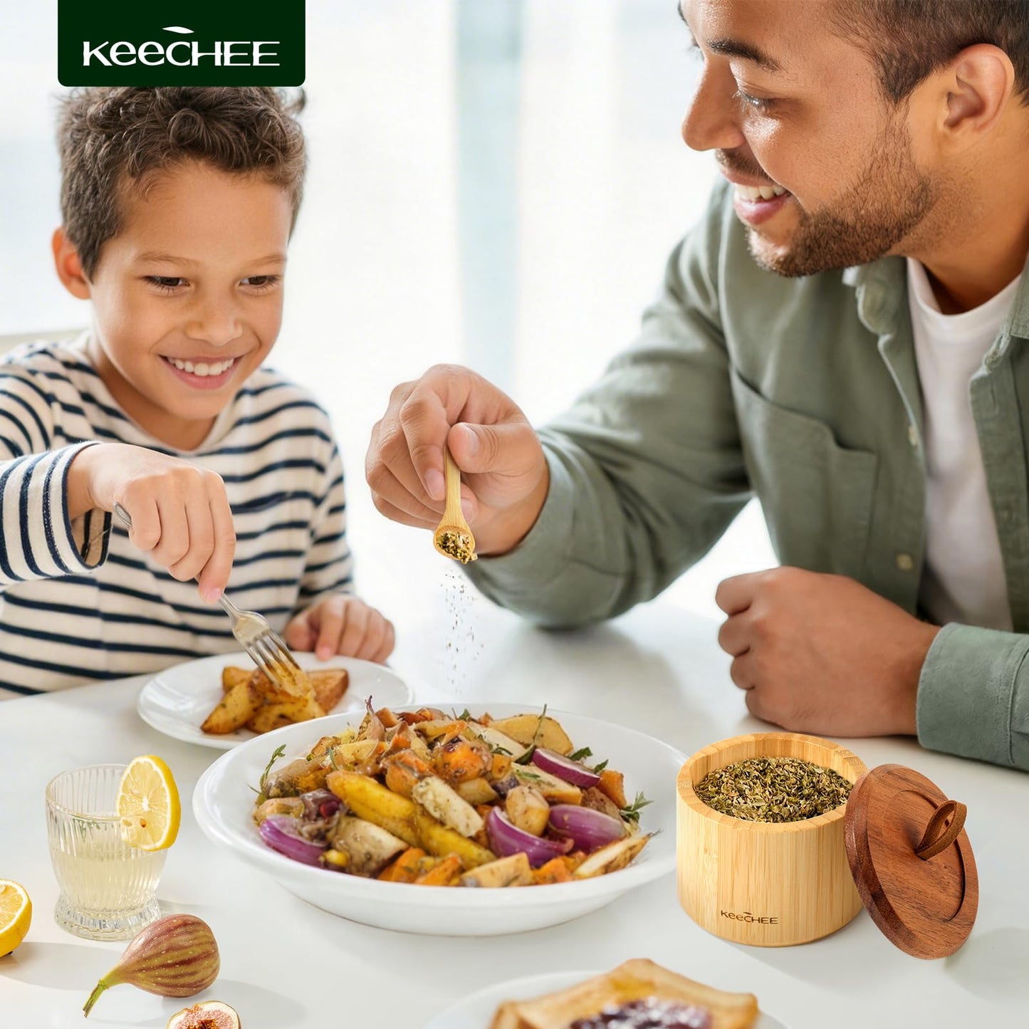 keechee Bamboo Salt Cellar with Acacia Lid & Spoon, 7.7oz Capacity with Built-In Spoon Slot & Labels, Two-Tone Countertop Seasoning Container (Single Compartment - 1 Pack)