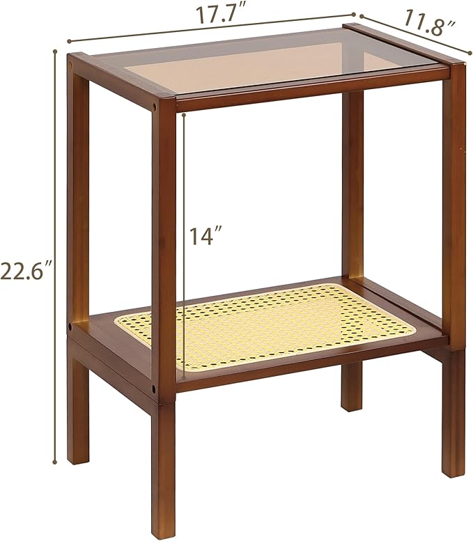 2-Tier Bamboo Side Table, Modern Glasstop Rattan Side Table, Mid Century Wood