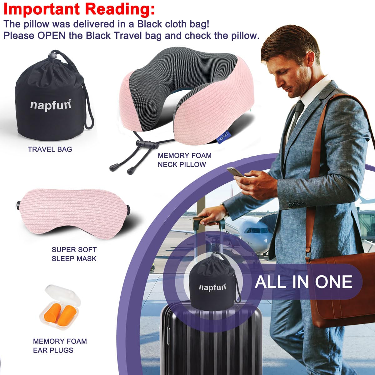 napfun Neck Pillow for Traveling, Upgraded Travel Neck Pillow for Airplane 100% Pure Memory Foam Travel Pillow for Flight Headrest Sleep, Portable Plane Accessories, Light Grey