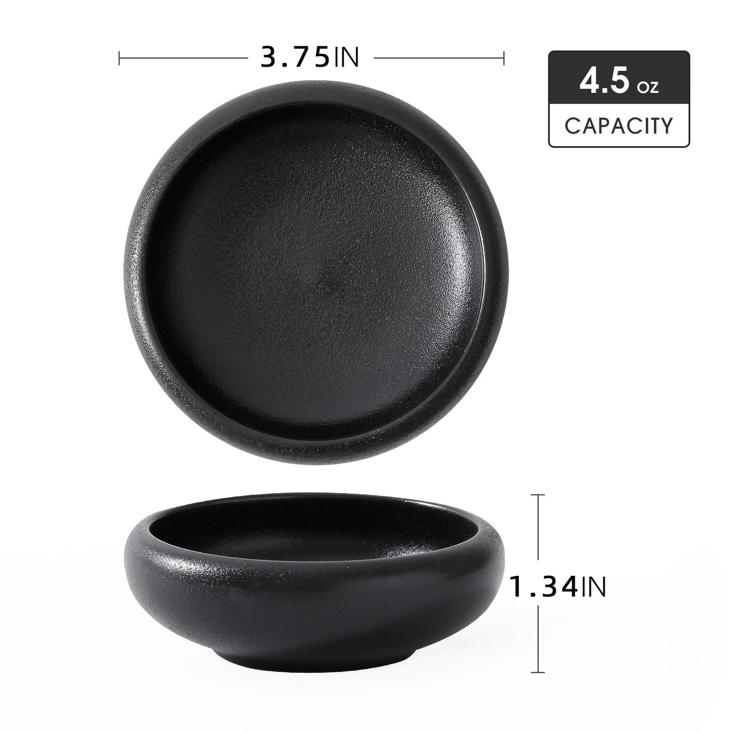 Uaral Soy Sauce Dishes Sushi Dipping Bowl Pinch Bowl Stoneware Black Small Serving Dish Set 3.75 Inch(4.5 oz,Texture Black)