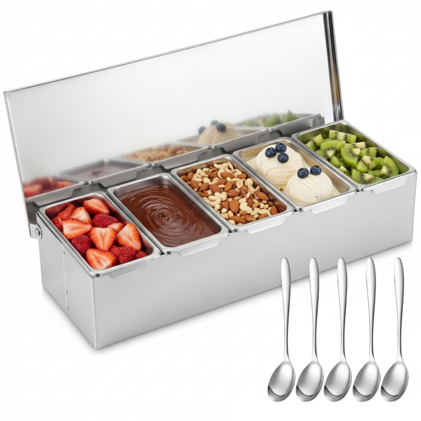 Ferrochef 5 Compartments Stainless Steel Chilled Condiment Tray, Garnish Tray with 5 Removable Compartments, Condiment Dispenser with Lid, Fruit Serving Containers