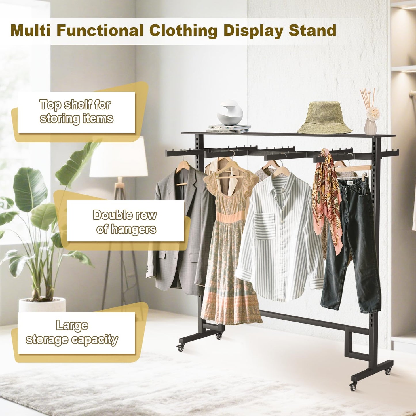 BFECGDXT Retail Clothing Rack with Adjustable 8 Arms, Portable Boutique Display Hanging Stand on Wheels and Top Shelf, Floor Standing Metal Garment Shirts Racks, Black