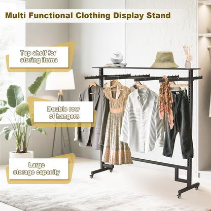 BFECGDXT Retail Clothing Rack with Adjustable 8 Arms, Portable Boutique Display Hanging Stand on Wheels and Top Shelf, Floor Standing Metal Garment Shirts Racks, Black