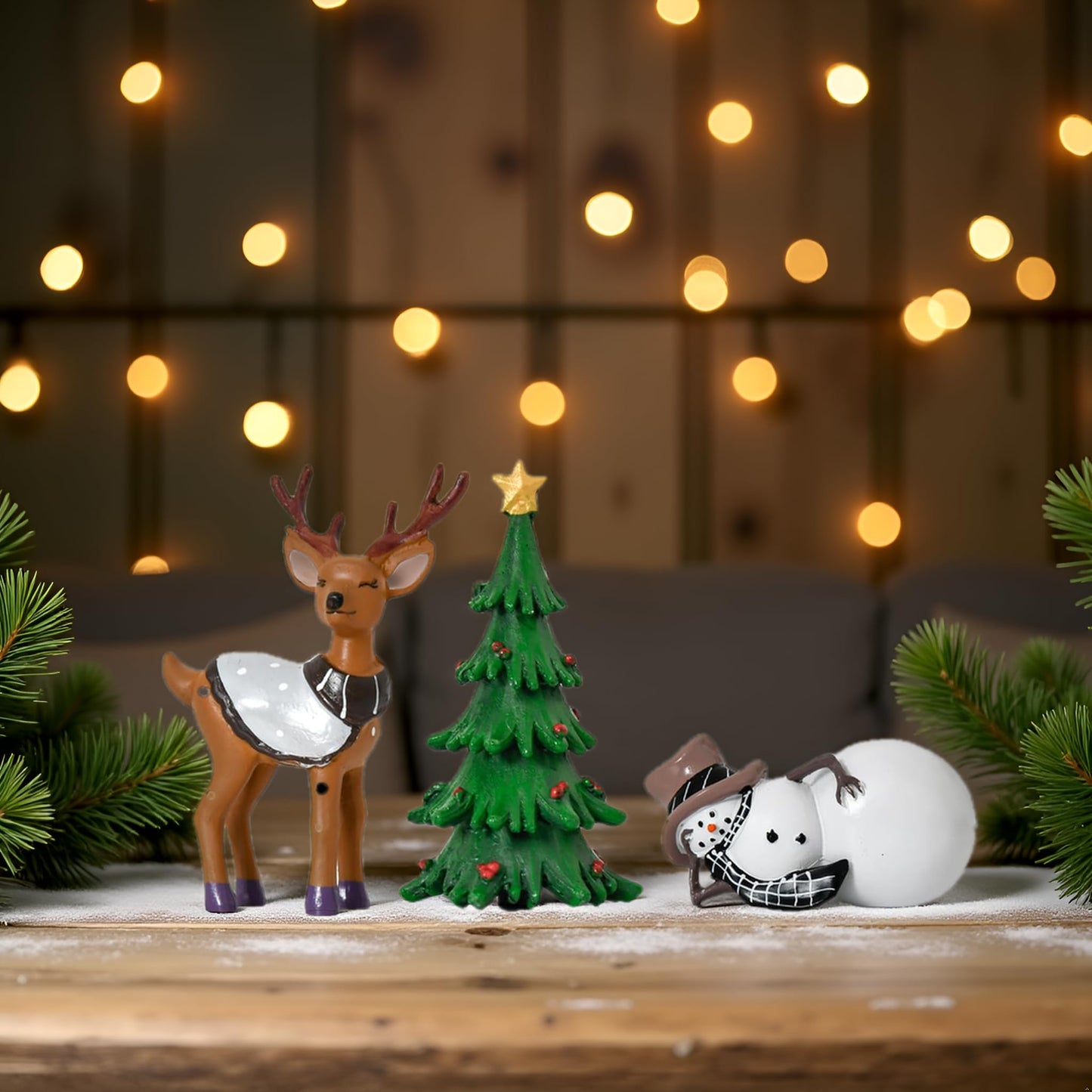 Smile Christmas Indoor Decoration, Set of 3 Small Resin Figurines Snowman Christmas Tree, and Reindeer, Holiday Decor for Mantle Centerpieces and Tabletop