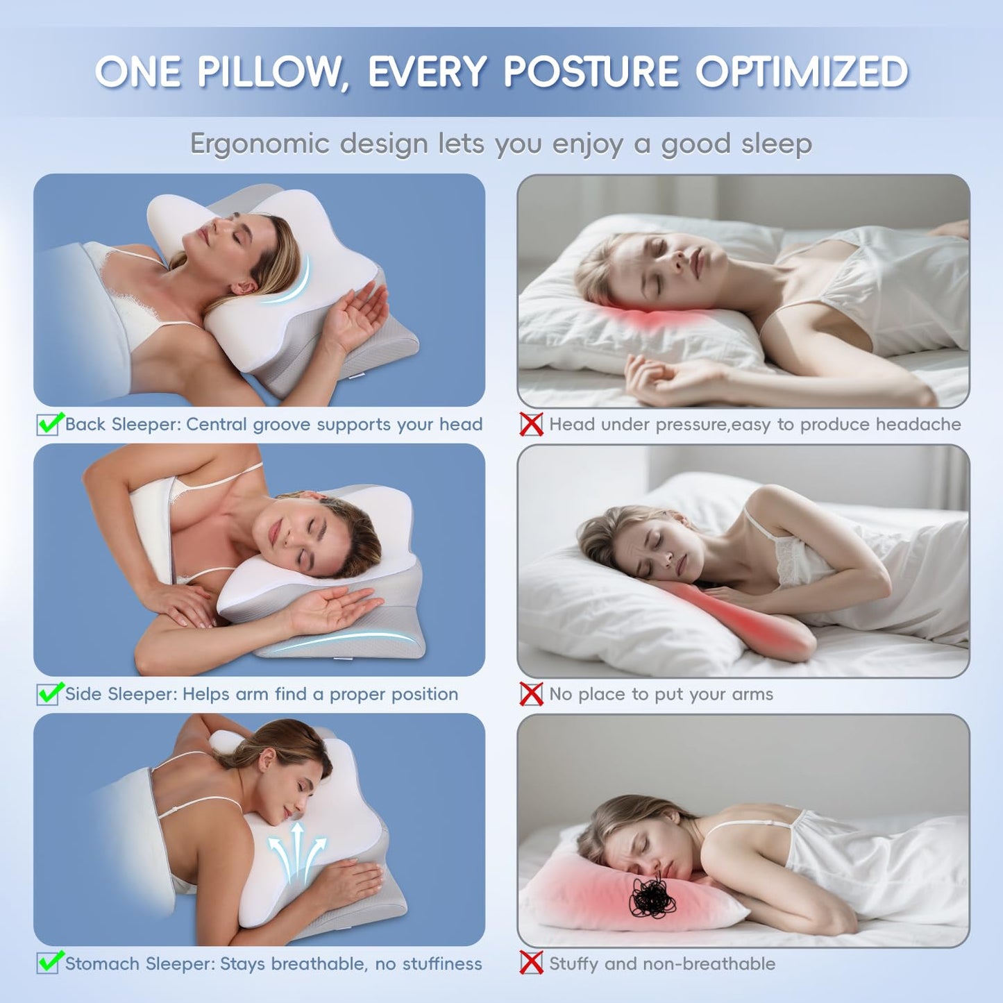 Cervical Neck Pillow, Memory Foam Pillows for Neck and Shoulder Pain Relief, 2 Heights Ergonomic Pillow with Breathable Ice Silk Cover, Neck Support Pillow for Side Back Stomach Sleepers, Odorless
