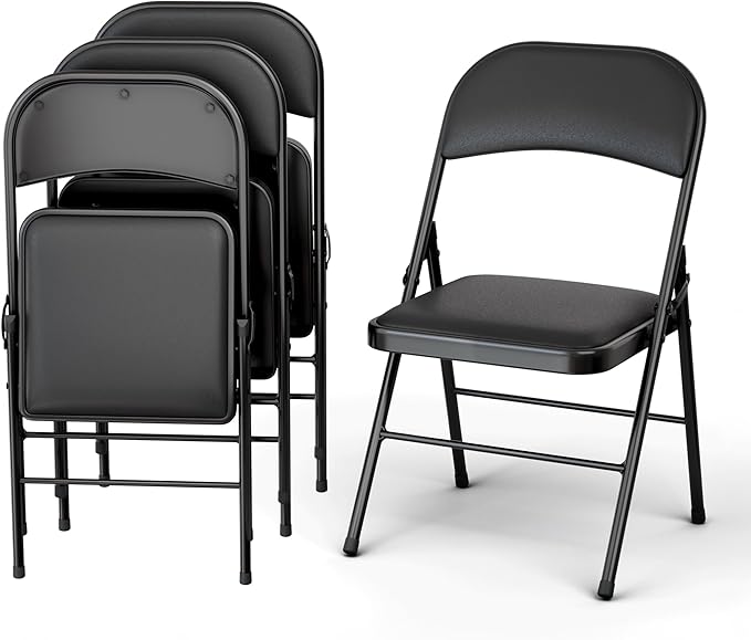 4 Pack Leather Chair | Foldable & Stackable | 350 lbs Capacity Steel Frame Seats for Indoor or Outdoor | Commercial Use Events Wedding Party Events Bulk Picnic Kitchen Dining - Black