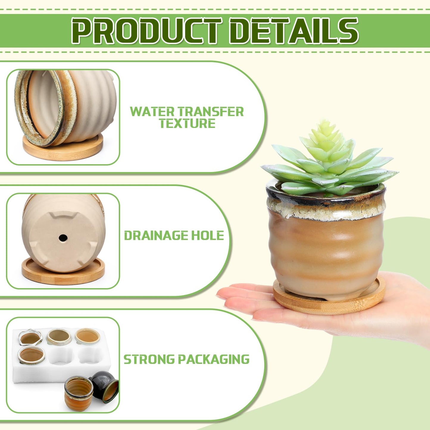 Remerry 12 Pcs Small Succulent Pots Bulk with Drainage Assorted 3.5 Inch Mini Ceramic Succulent Planters Pot with Coaster Bamboo Plant Tray Planting Pots for Home Office Garden