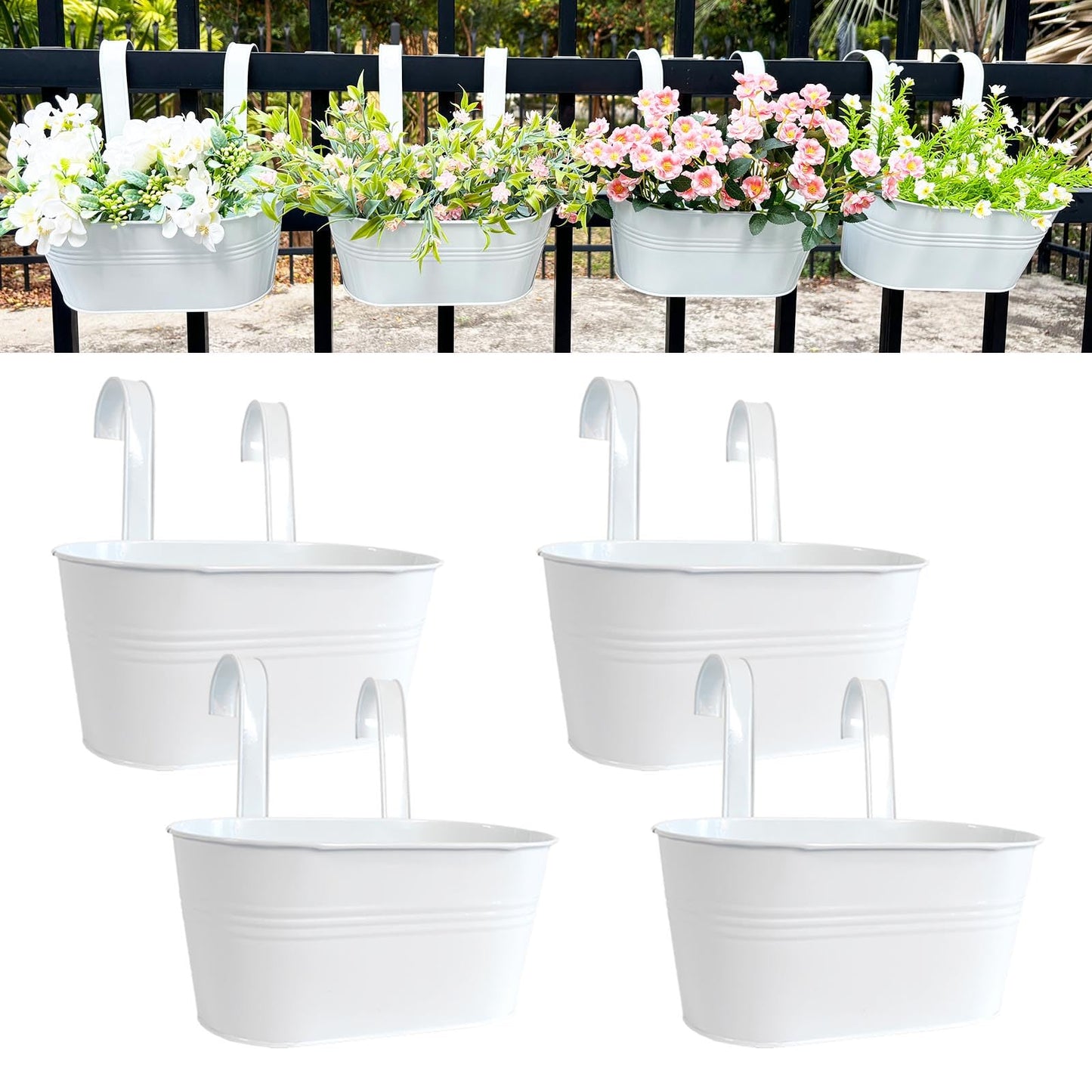 Joyfernal 12" Balcony Railing Planters, Outdoor Hanging Planter for Fence, Stylish Metal Porch Deck Flower Pot for Herbs & Succulents (White, Pack of 4)