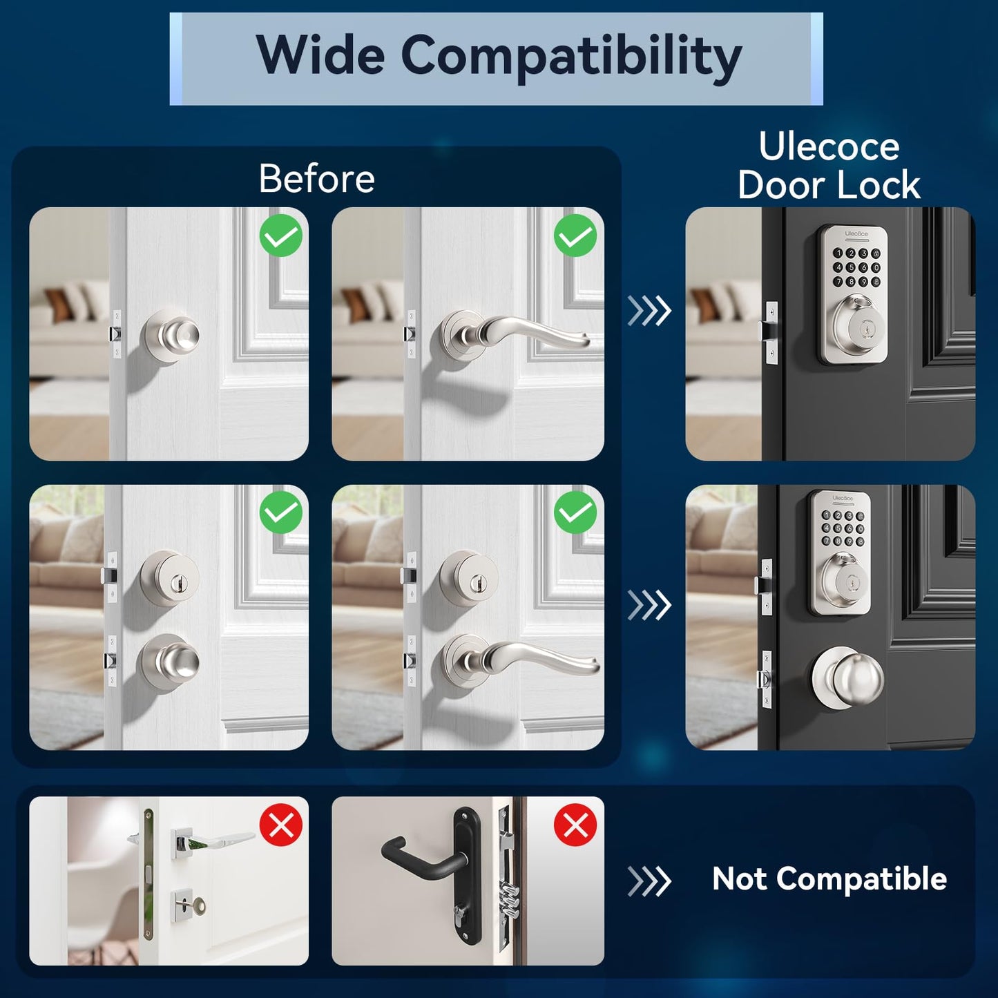 Ulecoce Fingerprint Keypad Deadbolt with Handle Set, Keyless Entry Door Lock, Door Locks for Front Door Lock Set, App Control, Auto Locking, Easy to Install, Satin Nickel
