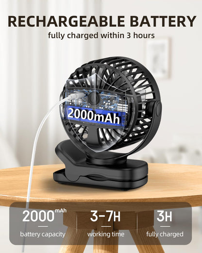 TUNISE Mini Clip on Fan, Battery Operated Desk Fan, Digital display，3 Speeds Adjustable, Bidirectional 360 ° Adjustable, Super Strong Wind, Portable Fan for Home Office Stroller Camping Black