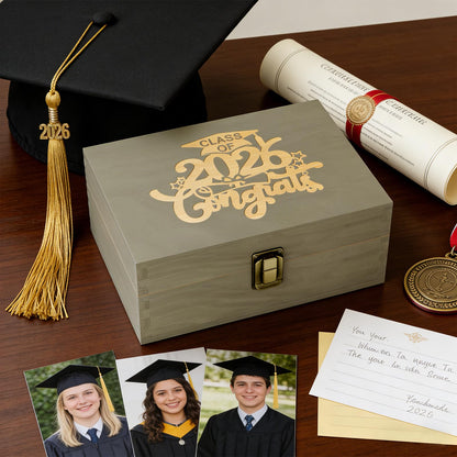 REMEIT Graduation Keepsake Box - Engraved Class of 2026 Wood Memory Box Congrats Grad Gift for Him Her, Perfect for Storing Graduation Memories & Mementos