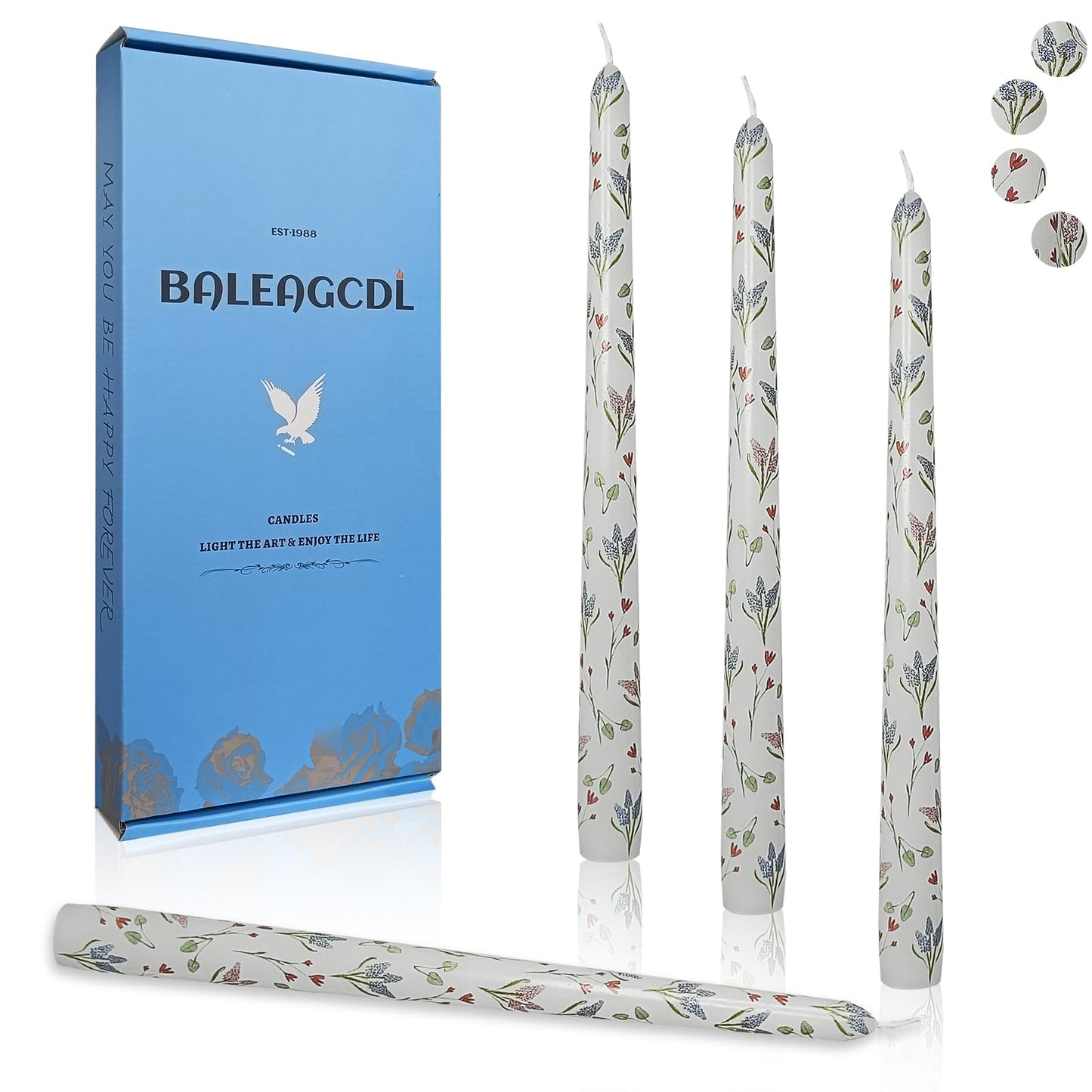 Floral Candle Sticks Set of 4 Handmade Taper Candle 10 Inch Long Candlesticks Hyacinth Printed Tapered Candles for Home Wedding Holiday Party Decor