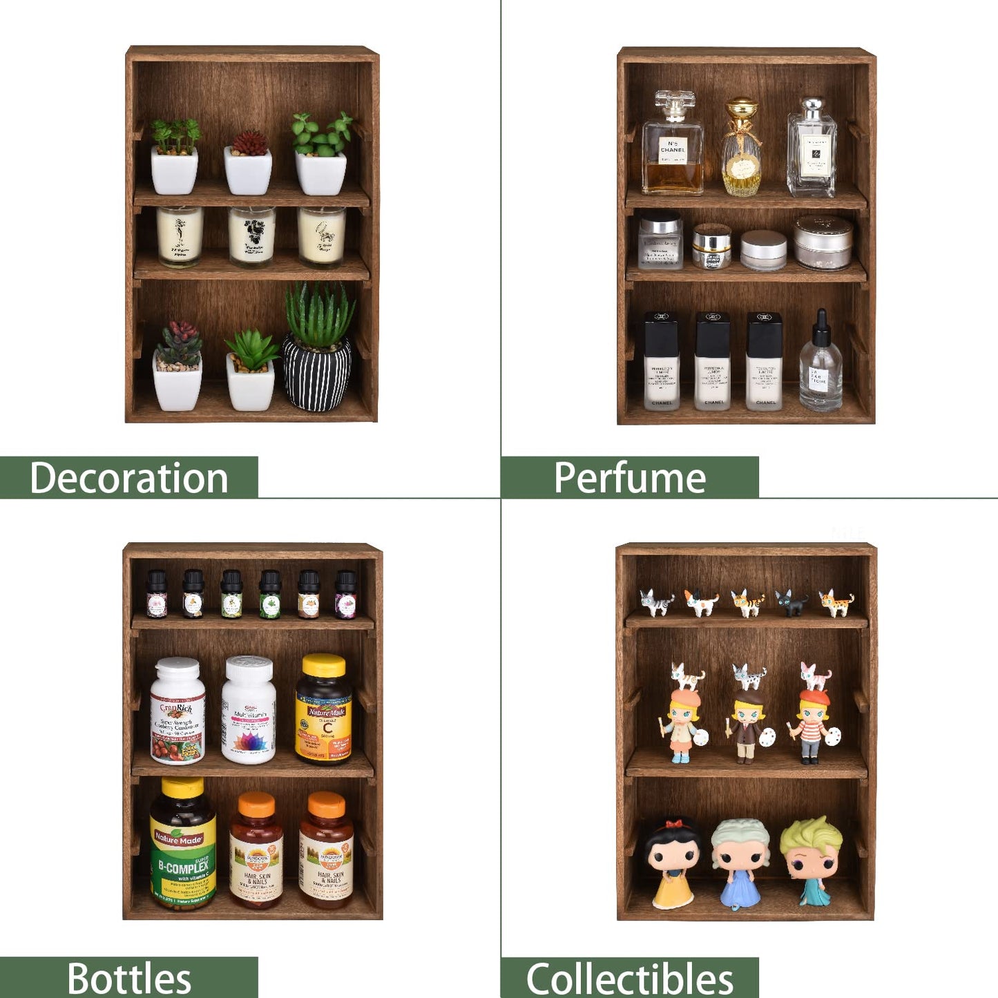 Ikee Design Wooden Wall-Mounted Display Shelves Rack for Collectibles-Figures,Shot Glasses,Spice Can,Cosmetics or Perfume-5 Adjustable Height Shelves,Space-Saving- Brown Color