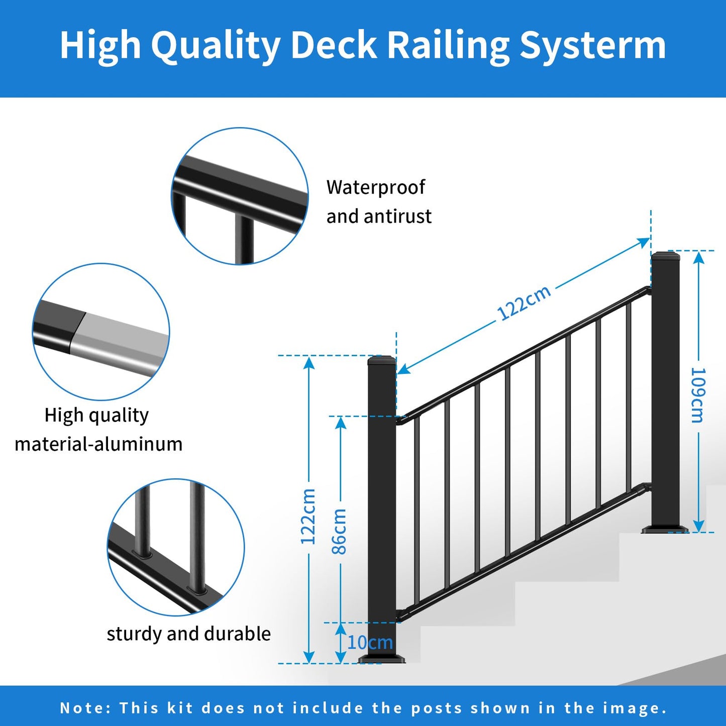 Bobolish 36+2" H x 4 ft. W Aluminum Porch & Stair Railing System, Upgrade Guardrail Kit with Textured Black AAMA 2604 Powder-Coat Finish for Outdoor Decks, Porches & Balconies (1 Panel)