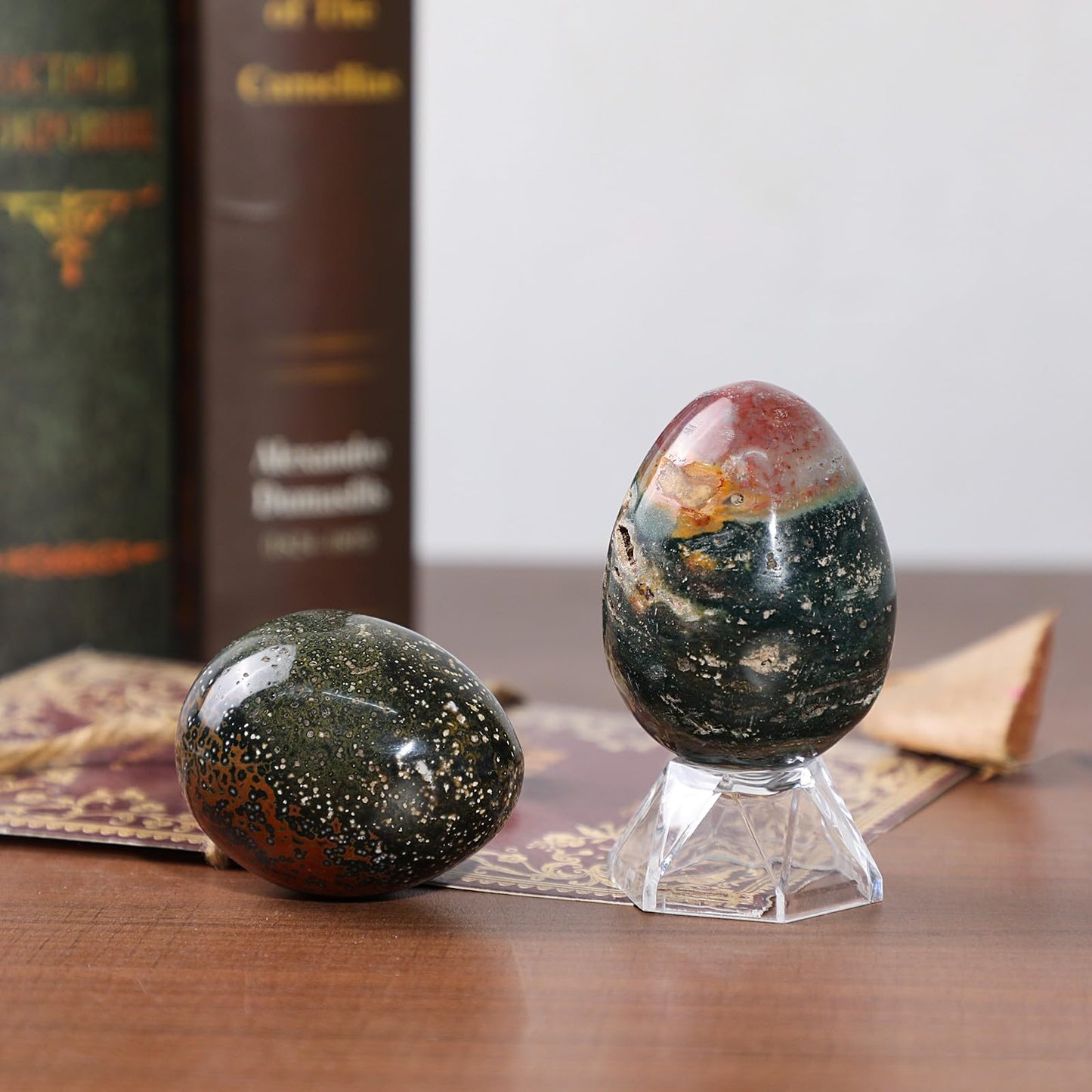 mookaitedecor Natural Ocean Japser Crystal Egg Decor, Polished Geode Stone Egg with Acrylic Stand for Easter Home Tabletop Display, 48-70 mm High, 100-200g