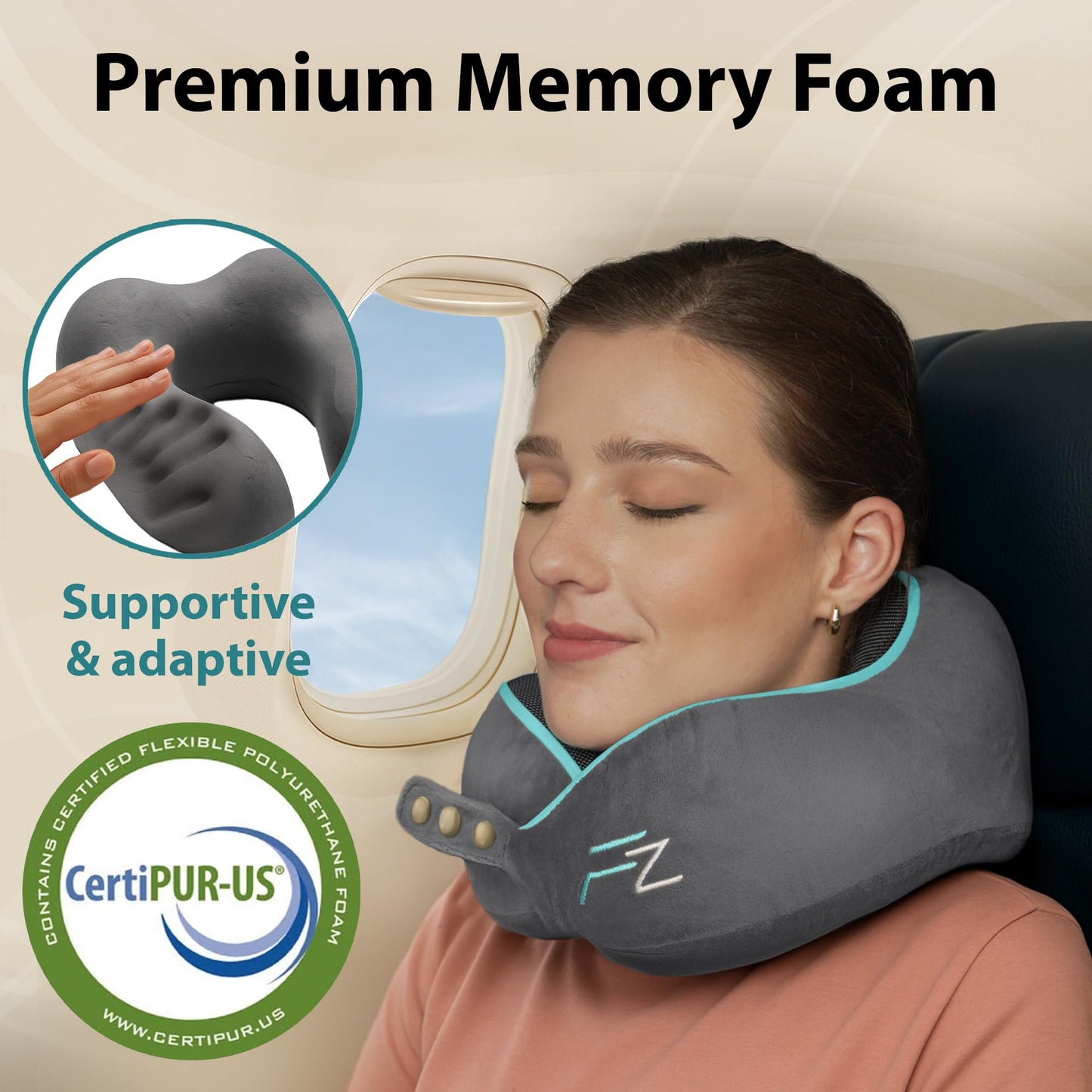FLOWZOOM Comfy Memory Foam Travel Pillow for Airplane & Car – Adjustable Neck Cushion with 360° Support, Soft, Washable Plush Cover and Compact Mesh Bag - Grey