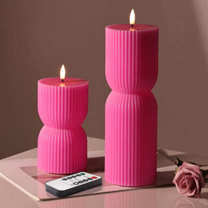 Girimax Hot Pink Ribbed Flameless Pillar Candles with Remote, Real Wax Flickering Battery LED Candles Set of 2